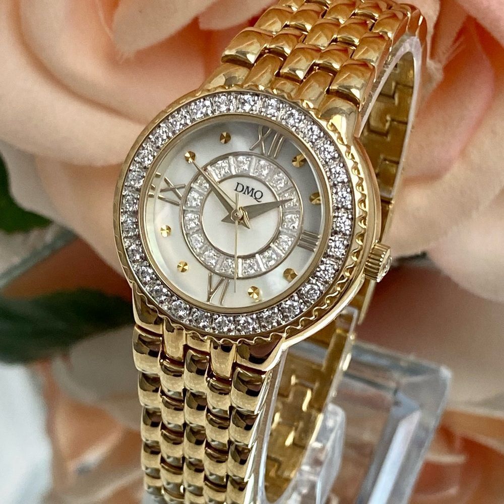 DMQ Diamonique CZ Bezel Mother of Pearl Dial Gold-Tone Dress Watch - Picture 2 of 16